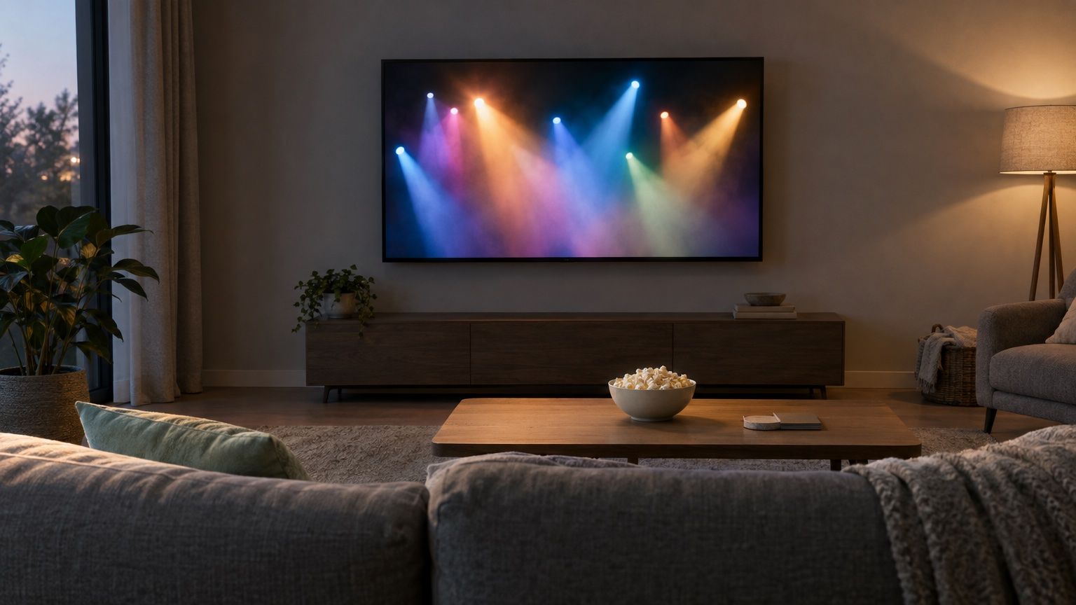 Symbolbild: leeres Sofa vor einem Fernseher, der bunte Bühnenscheinwerfer zeigt, davor eine Schale Popcorn