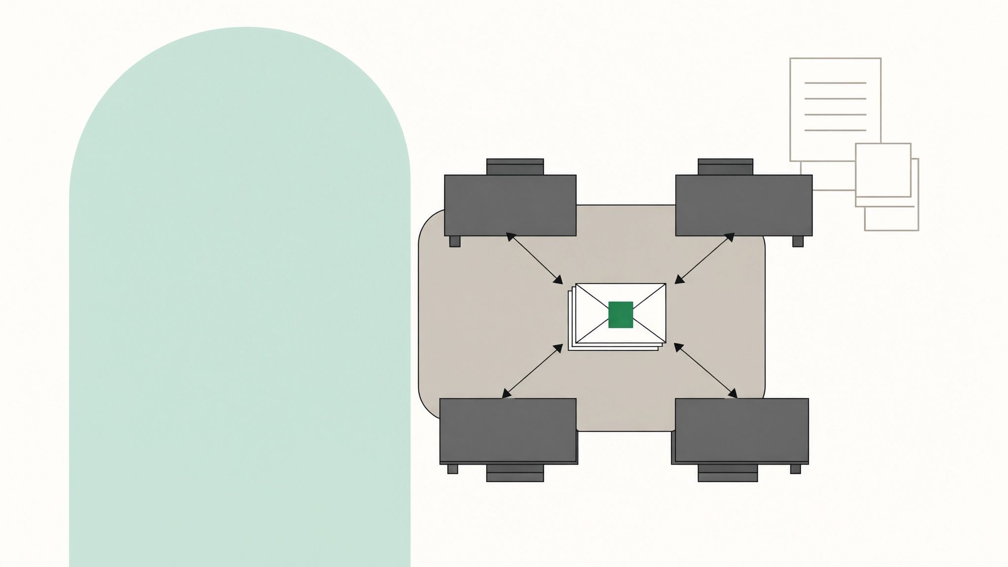 Illustration: vier Schreibtische um einen Stapel versiegelter Umschläge, verbunden durch Pfeile