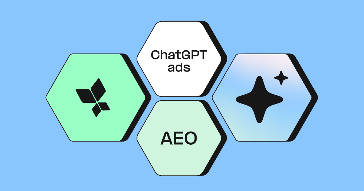 Grafik mit drei Sechsecken: AppsFlyer-Symbol, „ChatGPT ads“ und „AEO“