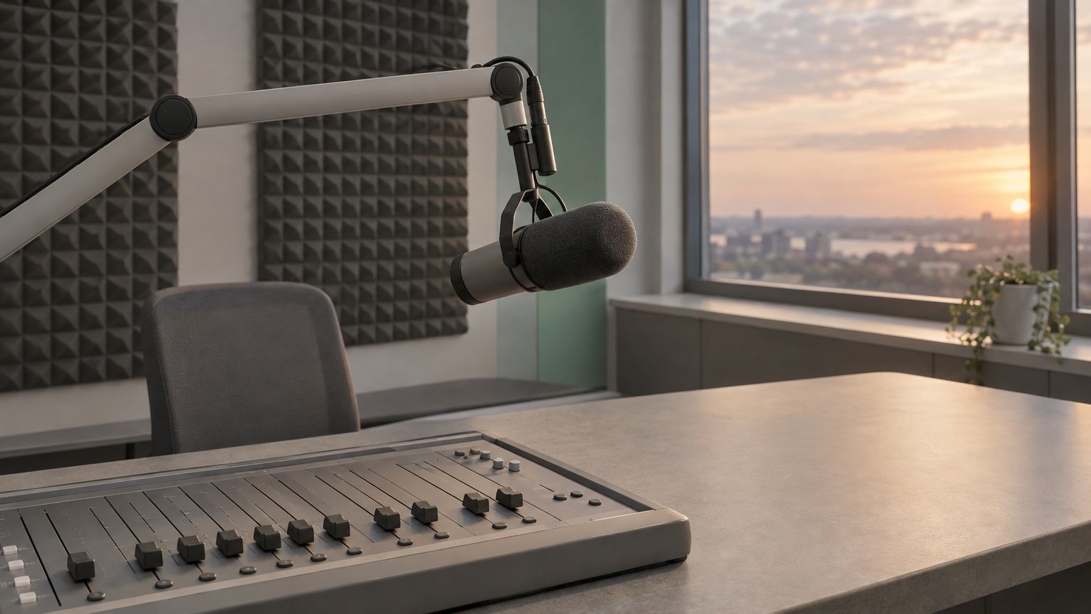 Symbolbild: Studiomikrofon an einem Schwenkarm über einem Mischpult in einem leeren Sendestudio bei Abendlicht