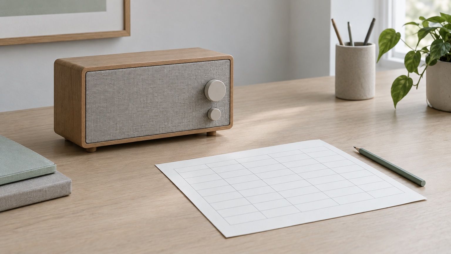 Symbolbild: kleines Holzradio auf einem Schreibtisch neben einem leeren Planungsbogen mit Raster und einem Bleistift