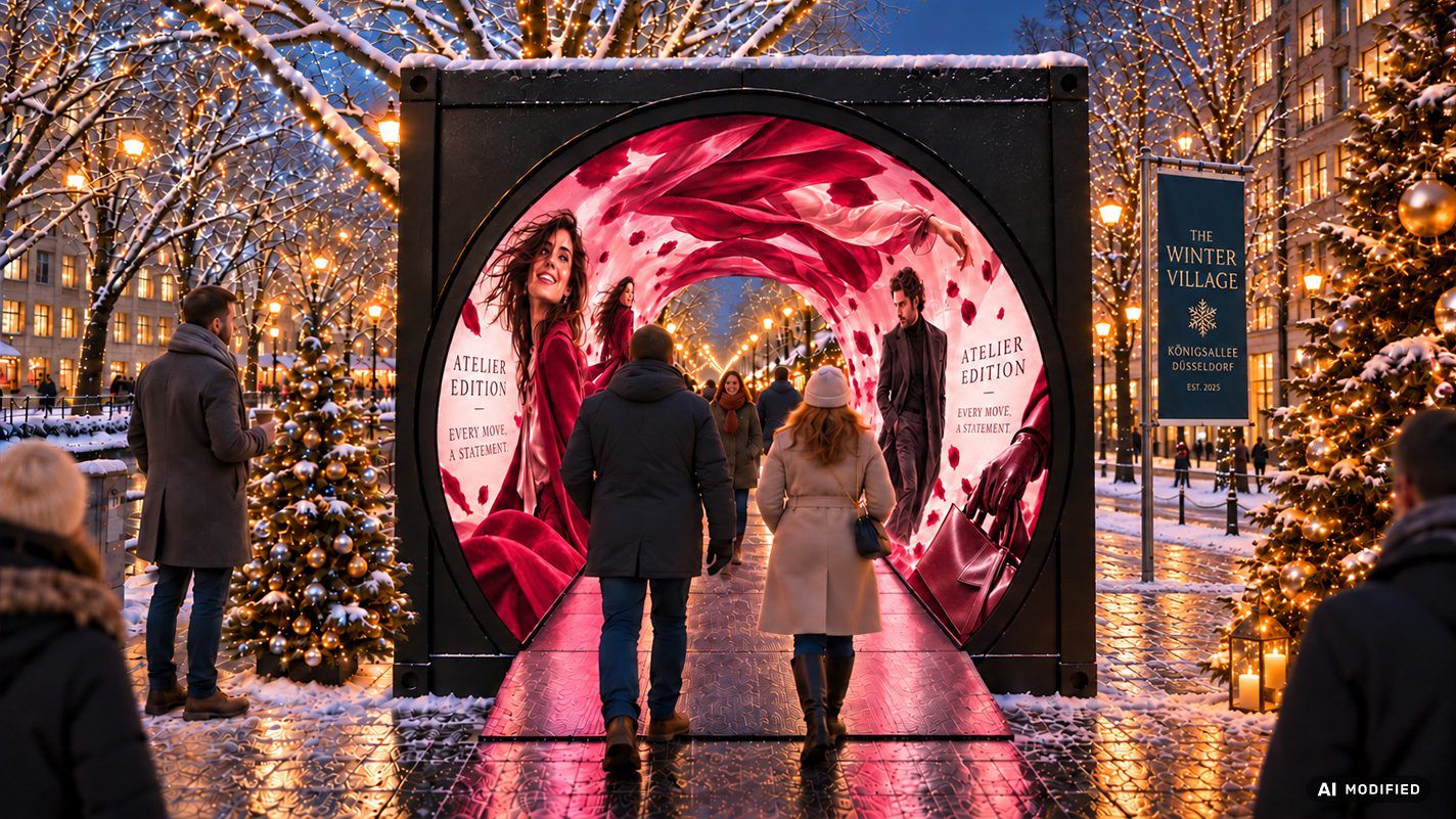 Visualisierung: begehbarer LED-Tunnel mit Markenmotiv am Eingang eines Weihnachtsmarkts an einer verschneiten Allee, Passanten gehen hindurch