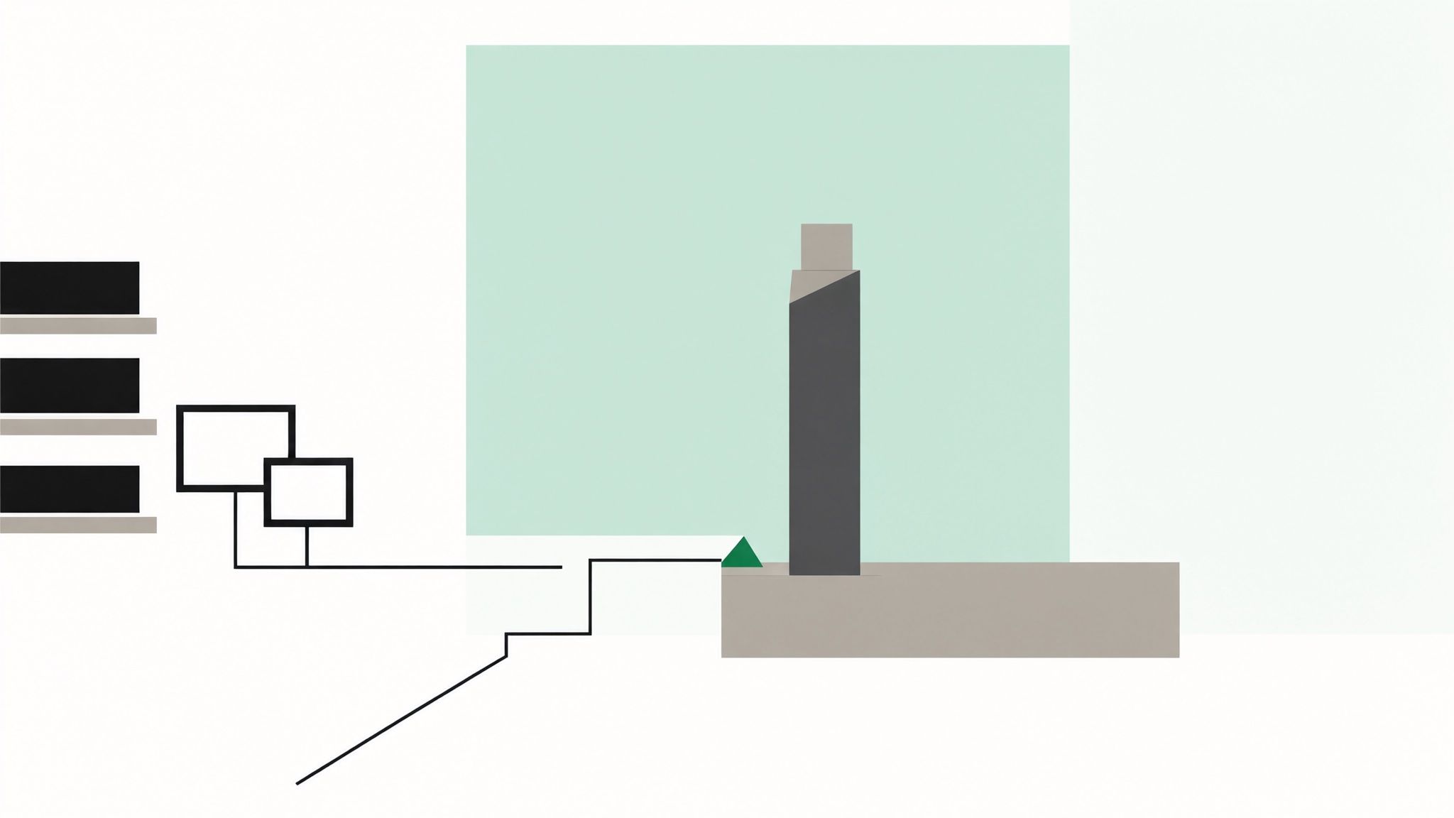 Illustration: grauer Pfeiler als Preissymbol auf einem Sockel vor einem mintfarbenen Feld, daneben abstrakte Regale und Bildschirmrahmen
