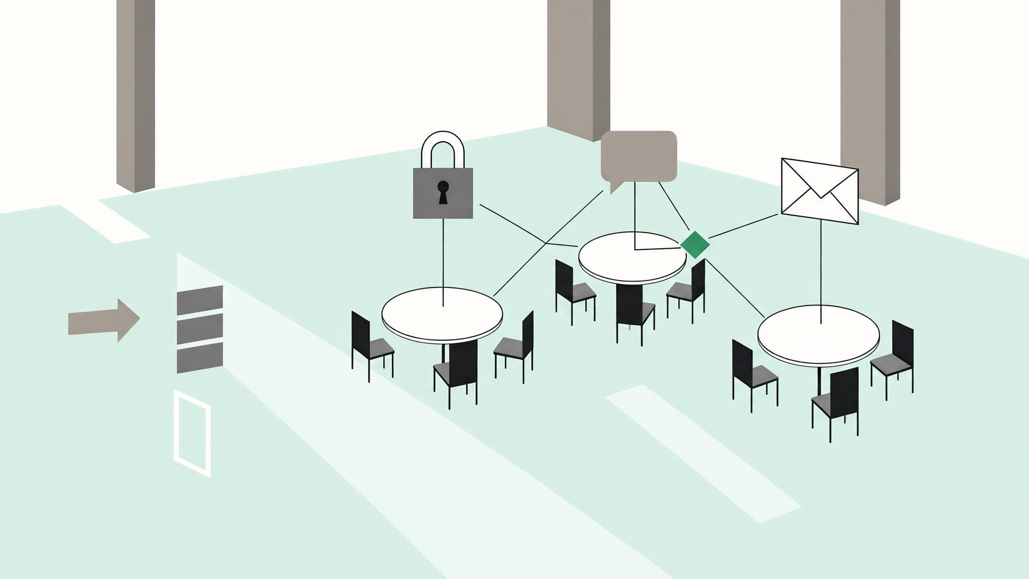 Illustration: drei runde Tische mit leeren Stühlen in einer hellen Halle, darüber Symbole für Schloss, Sprechblase und Briefumschlag