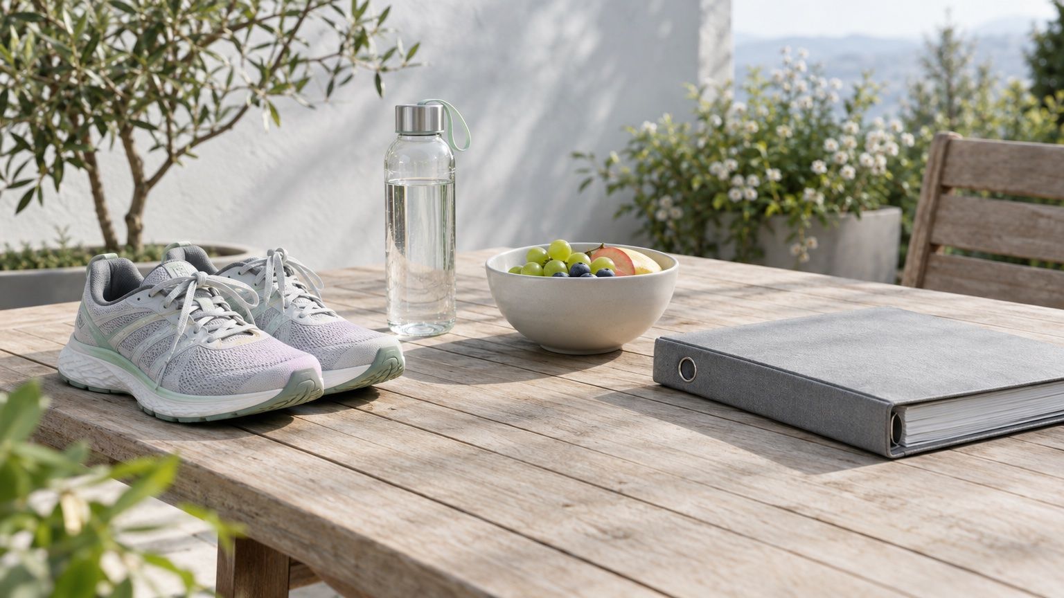 Laufschuhe, Wasserflasche, Obstschale und ein geschlossener Ordner auf einem Gartentisch