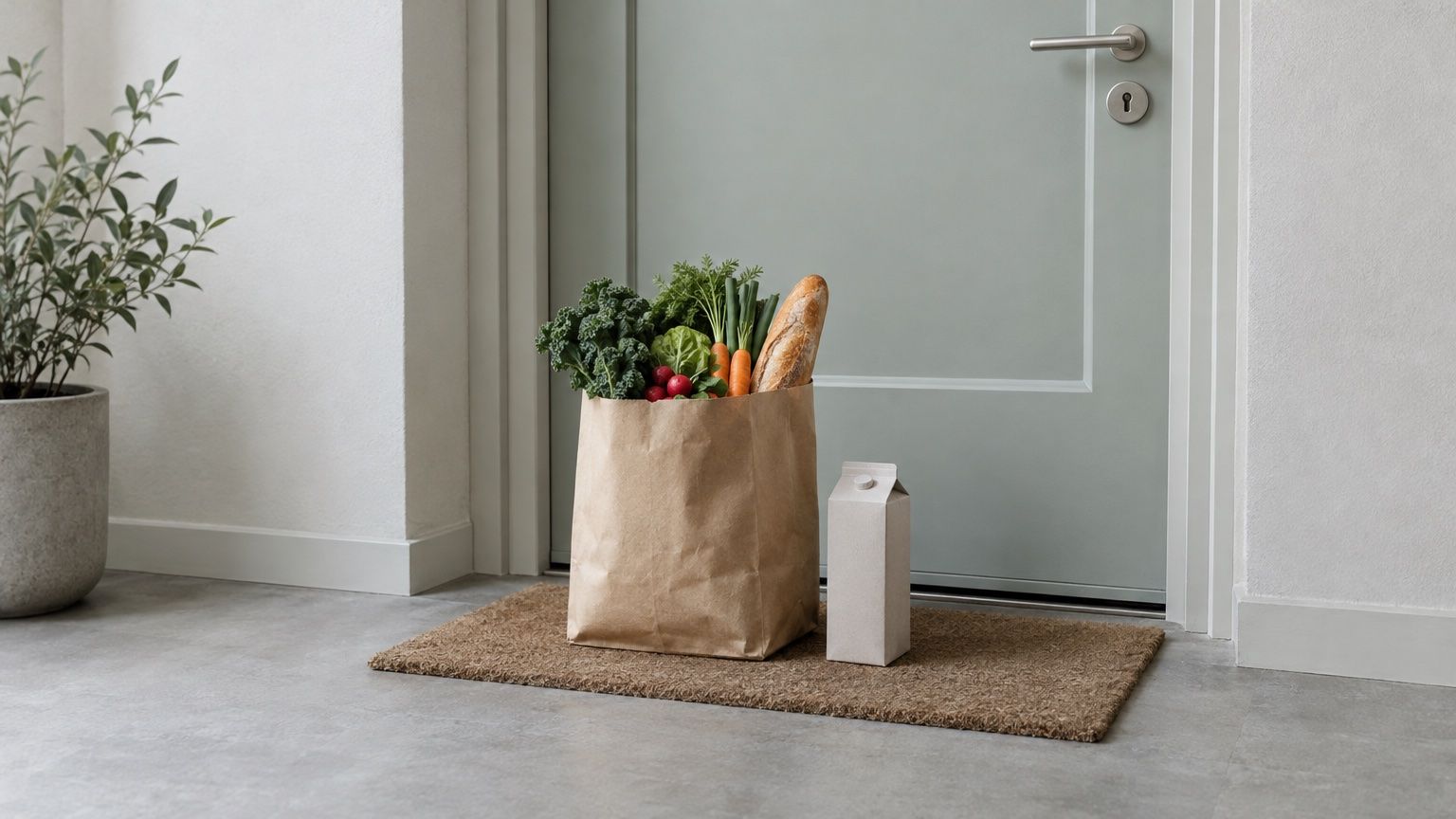Symbolbild: volle Papiertüte mit Gemüse und Brot und ein Getränkekarton auf einer Fußmatte vor einer Wohnungstür