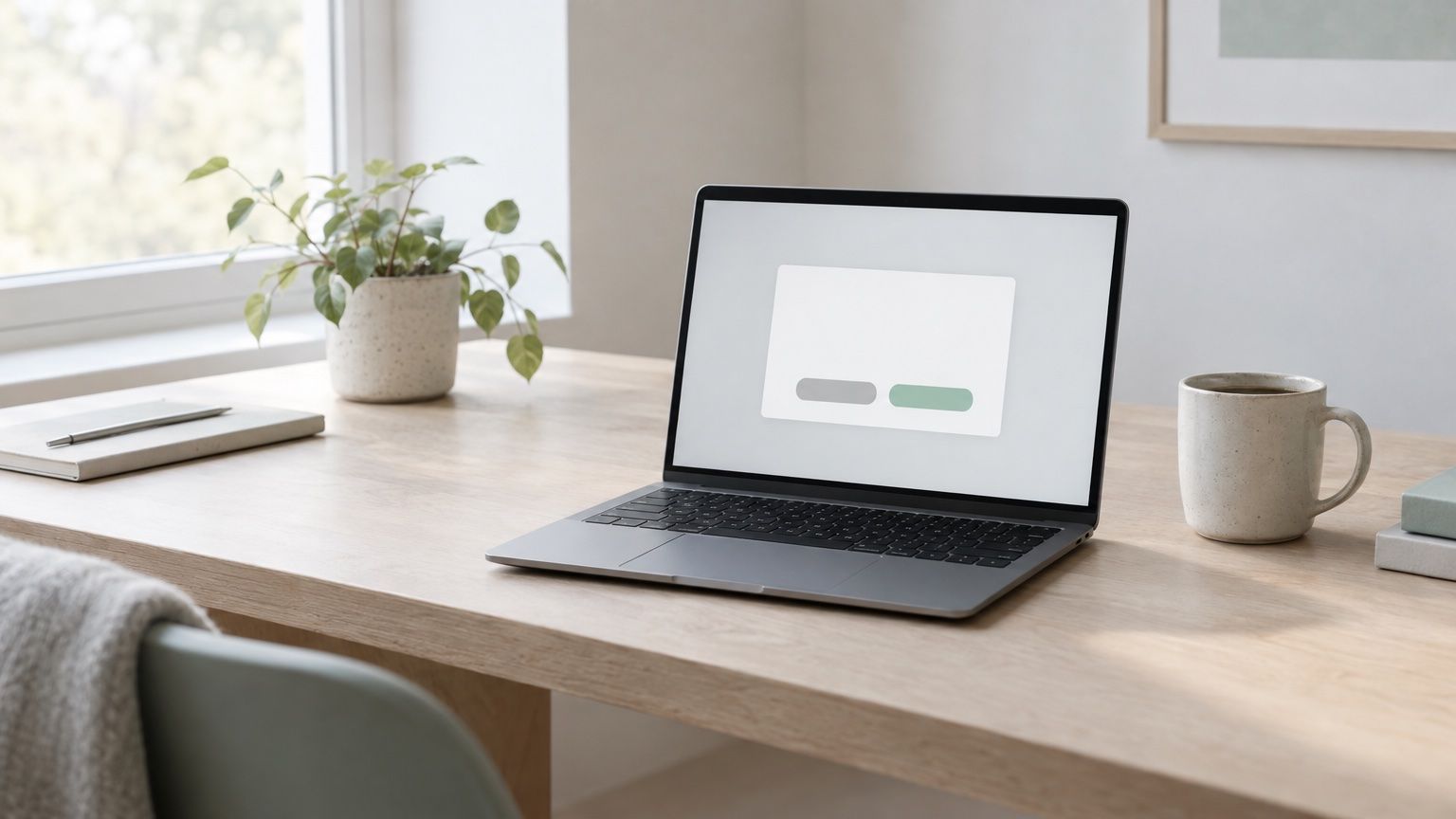 Aufgeklappter Laptop auf einem hellen Holztisch, auf dem Bildschirm ein leeres Dialogfenster mit zwei Knöpfen, daneben eine Kaffeetasse