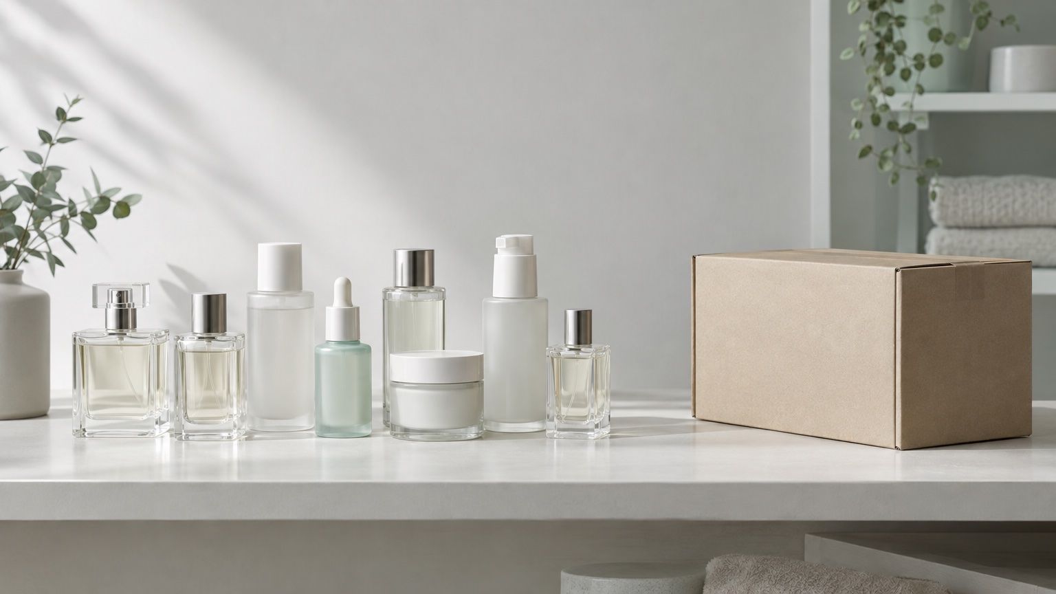 Unbeschriftete Parfum- und Pflegeflaschen auf einem hellen Regal neben einem geschlossenen Versandkarton