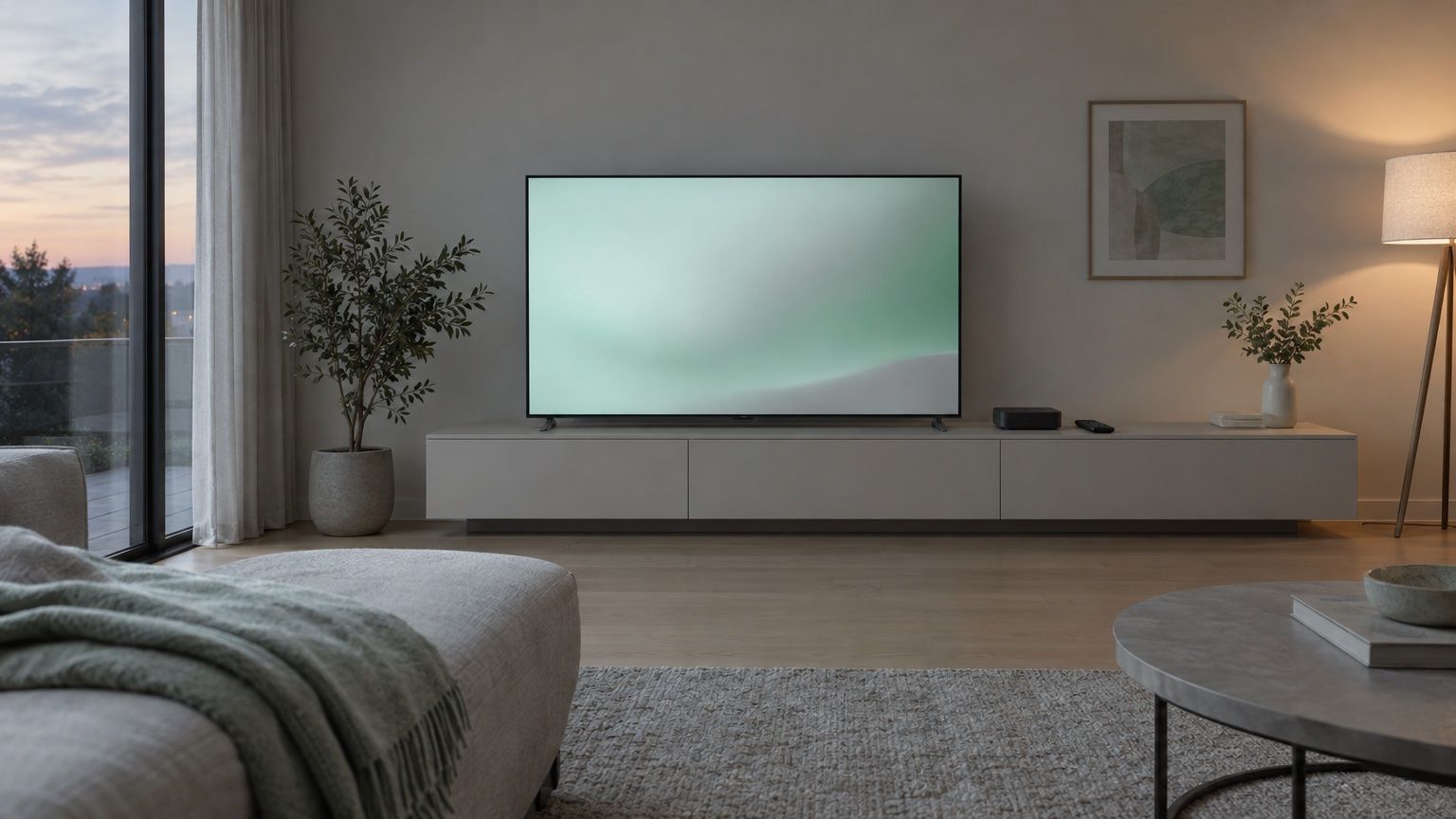 Symbolbild: Wohnzimmer am Abend mit großem Fernseher, der einen mintgrauen Farbverlauf zeigt, daneben eine kleine Empfangsbox