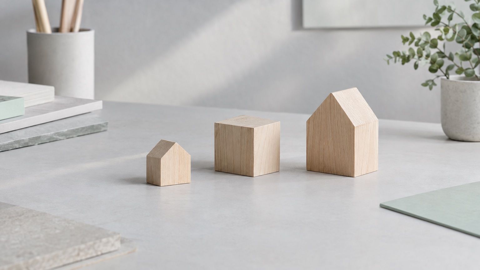Drei schlichte Holzmodelle von Häusern in unterschiedlicher Form auf einem hellen Schreibtisch