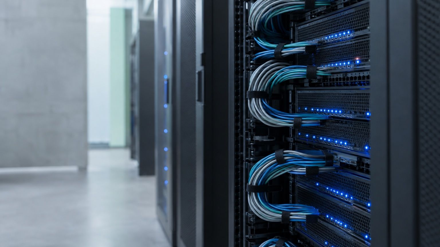 Serverschrank mit blau leuchtenden Statuslichtern und gebündelten Kabeln als Symbol für Streaming-Infrastruktur