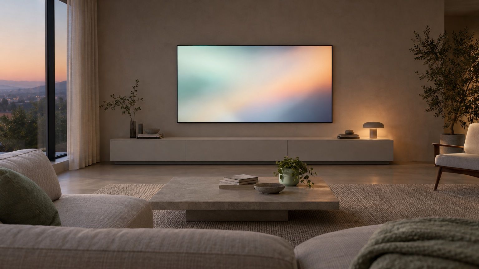 Symbolbild: Wohnzimmer am Abend mit großem Wandfernseher, der weiche Farbverläufe zeigt