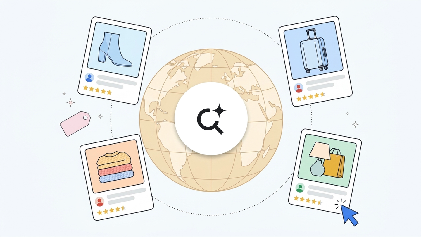 Illustration: Lupe mit Funken über einem Globus, umgeben von Produktkarten mit Schuh, Koffer, Pullovern und Lampe