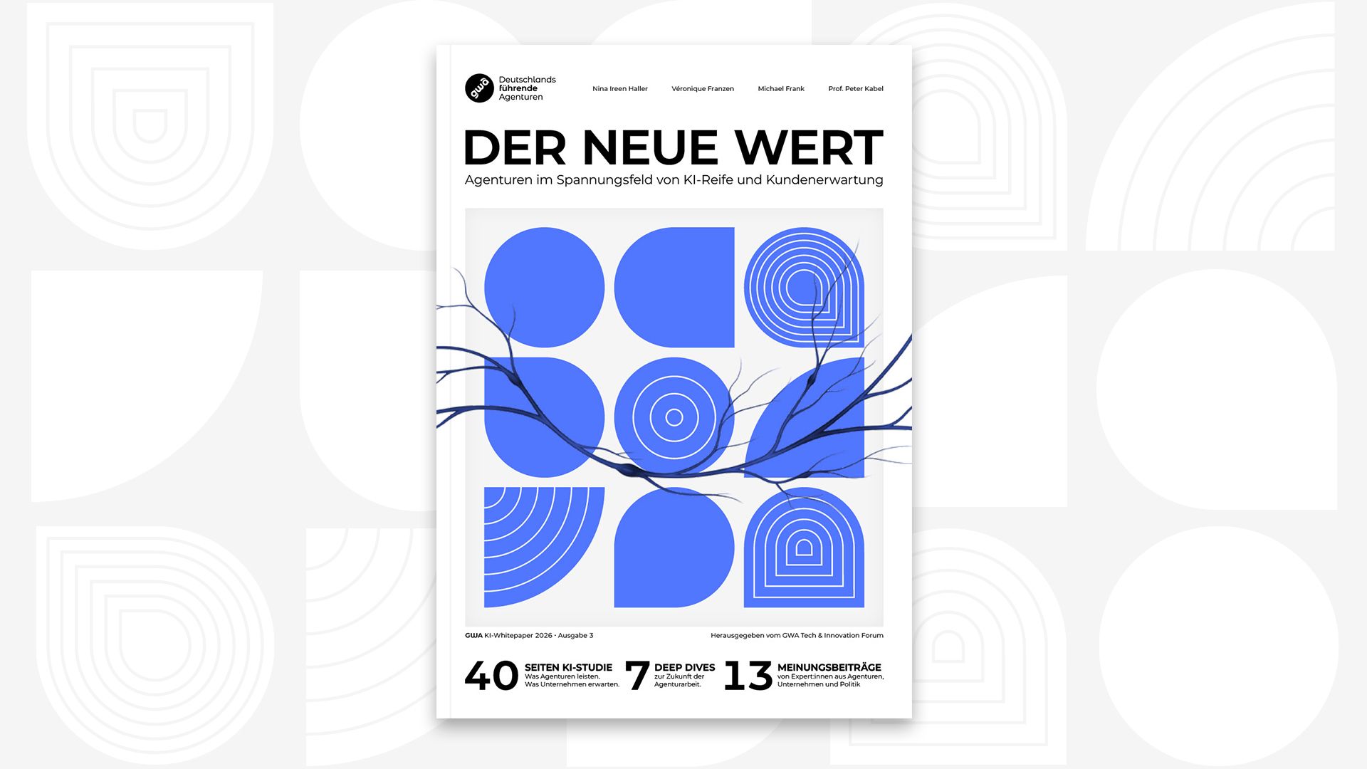 Titelseite des GWA-Whitepapers „Der neue Wert“ mit blauen Formen auf weißem Grund