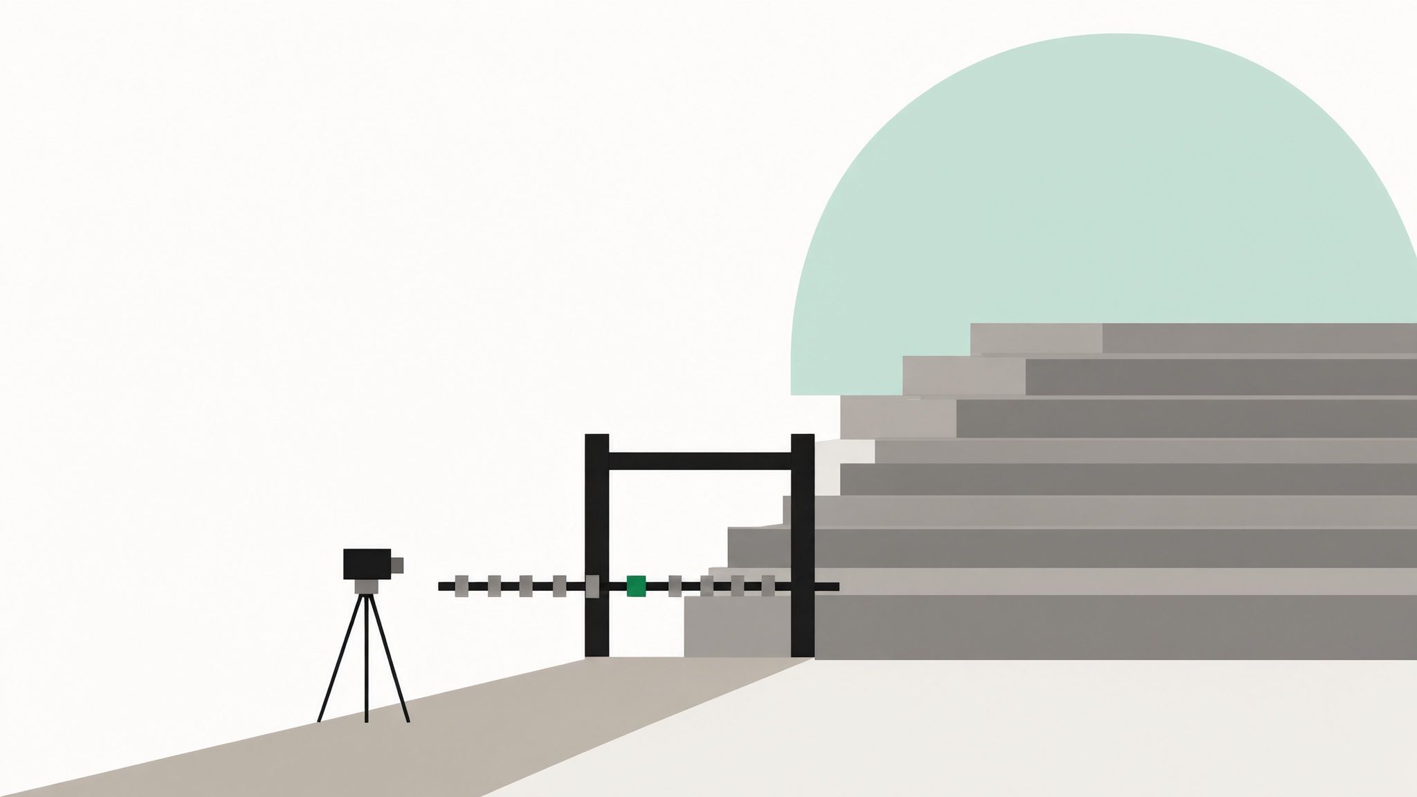 Illustration: Kamera auf einem Stativ vor einem Tor mit geschlossener Schranke, dahinter leere Tribünenstufen