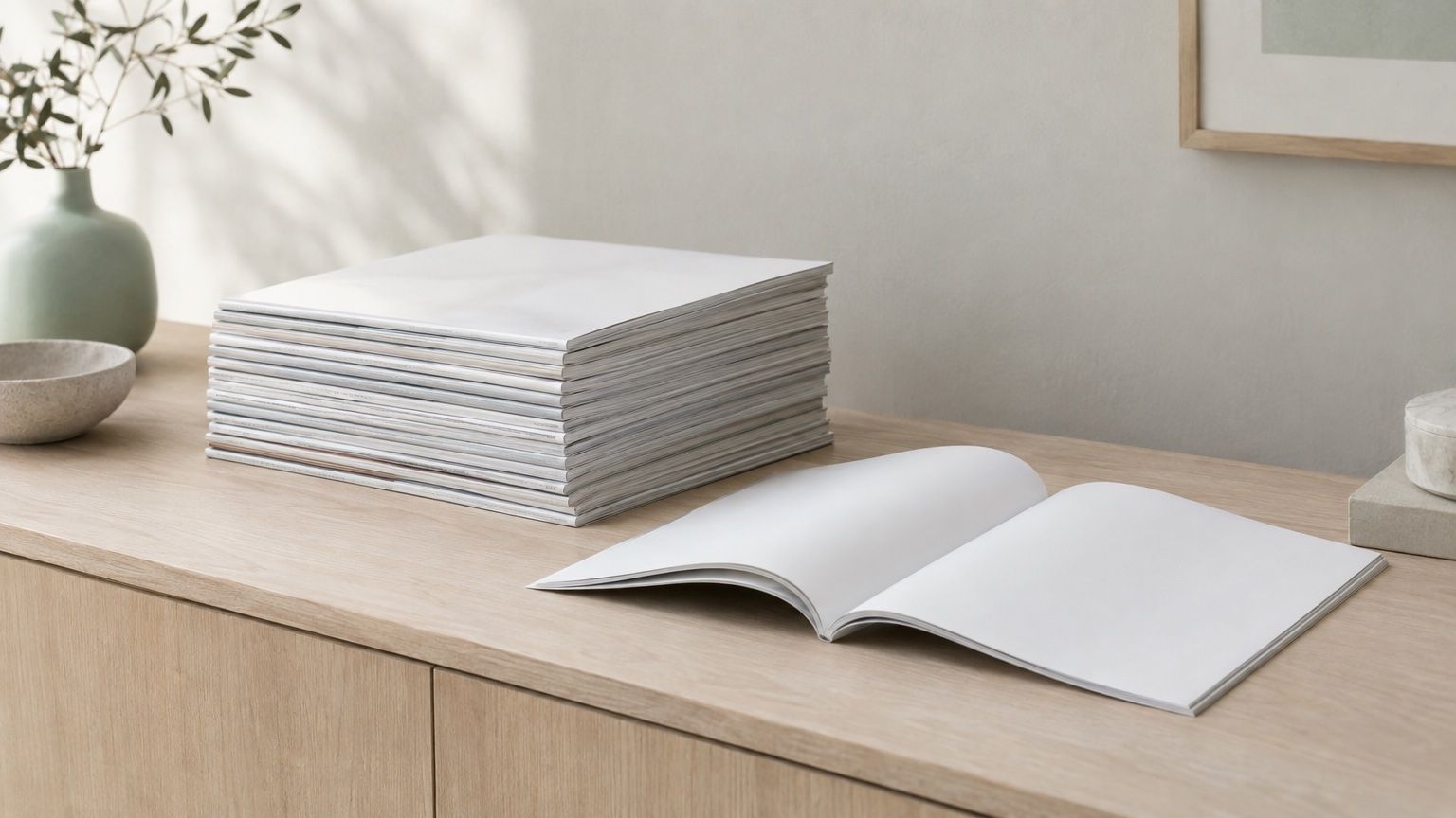 Symbolbild: Stapel Zeitschriften mit leeren Titeln und ein aufgeschlagenes Heft auf einem hellen Sideboard