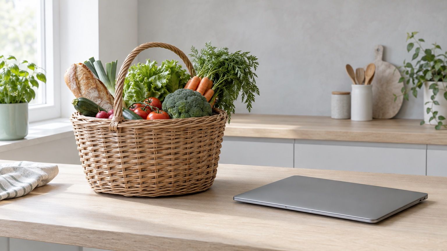 Symbolbild: Einkaufskorb mit Gemüse und Brot neben einem zugeklappten Laptop auf einer Küchenarbeitsplatte