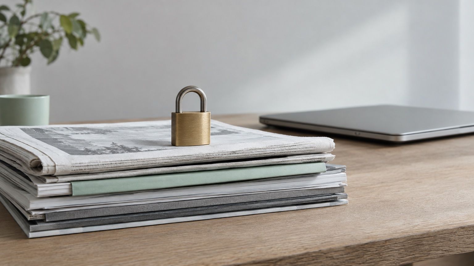 Symbolbild: Stapel aus Zeitungen und Magazinen auf einem Holztisch, obenauf ein Vorhängeschloss, dahinter ein zugeklappter Laptop