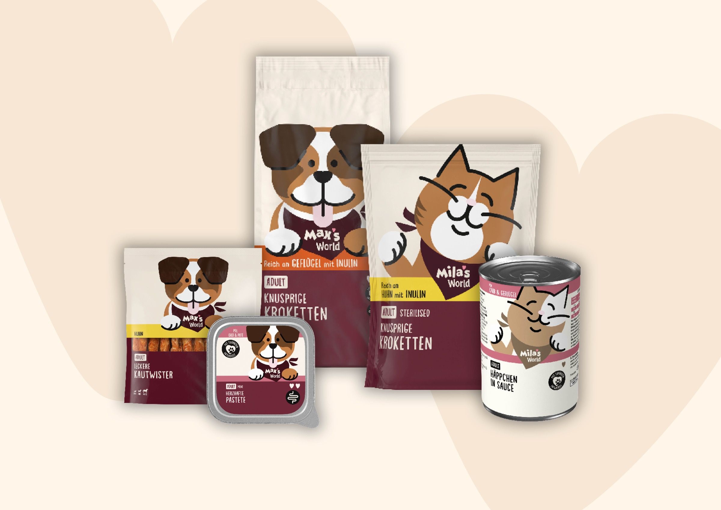 Hunde- und Katzenfutter der neuen Lidl-Marke Max & Mila's World in Verpackungen mit farblicher Stufenkennzeichnung