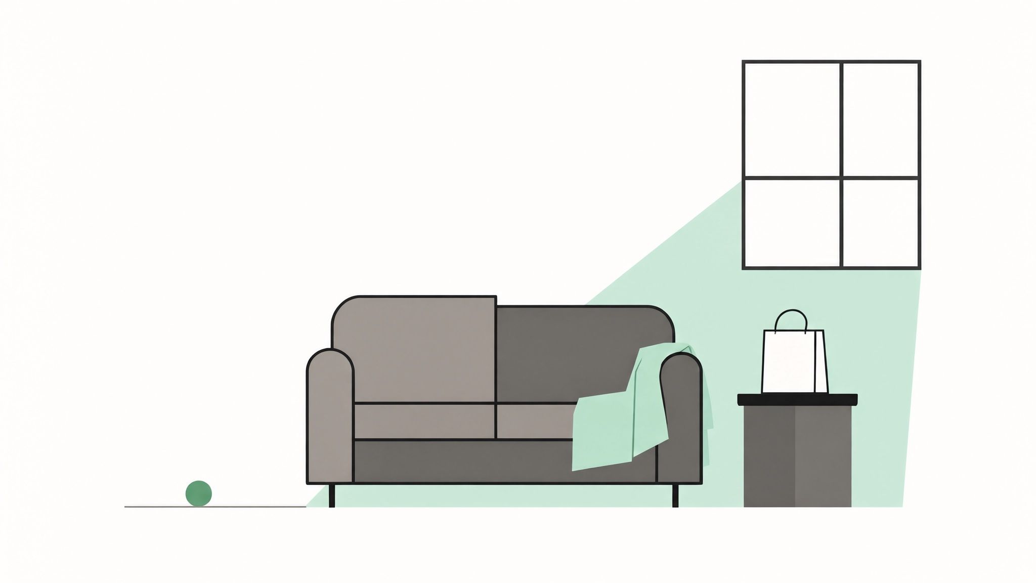 Illustration: Sofa mit Decke, daneben eine Liefertüte auf einem Beistelltisch im Licht eines Fensters