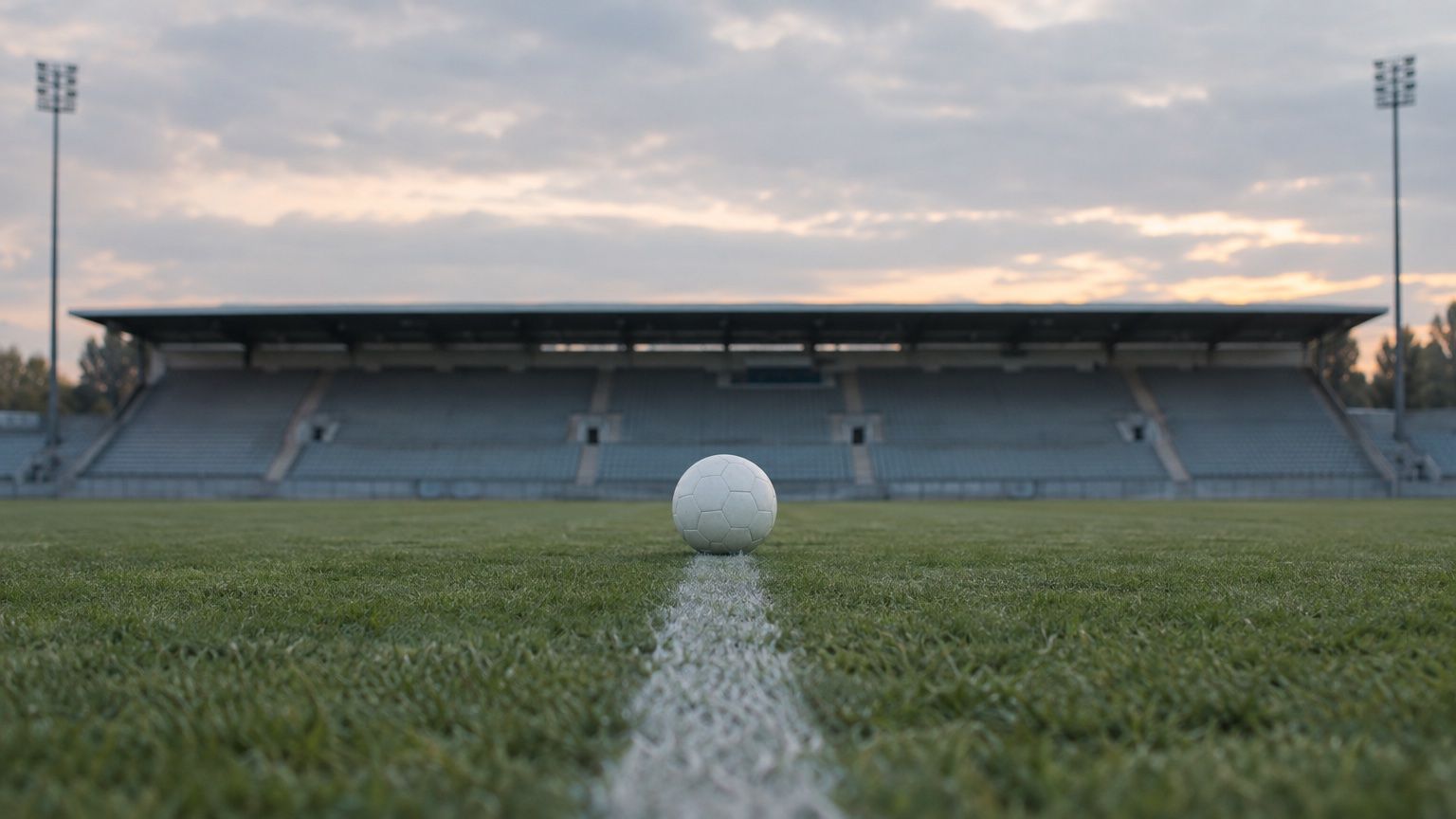 Ein weißer Fußball liegt auf der Mittellinie eines Rasenplatzes vor einer leeren Tribüne im Abendlicht