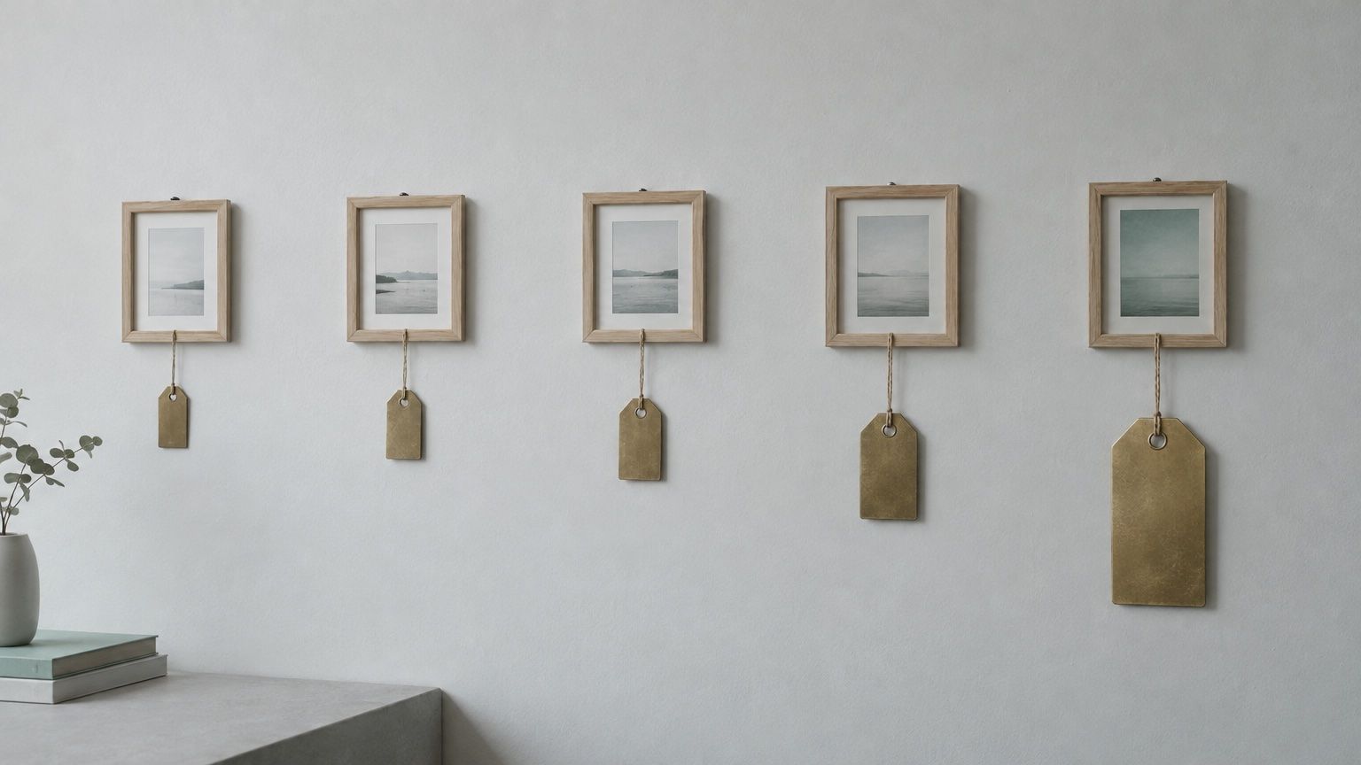 Symbolbild: Fünf kleine Bilderrahmen an einer hellen Wand, darunter hängen Messing-Preisschilder, die von links nach rechts größer werden