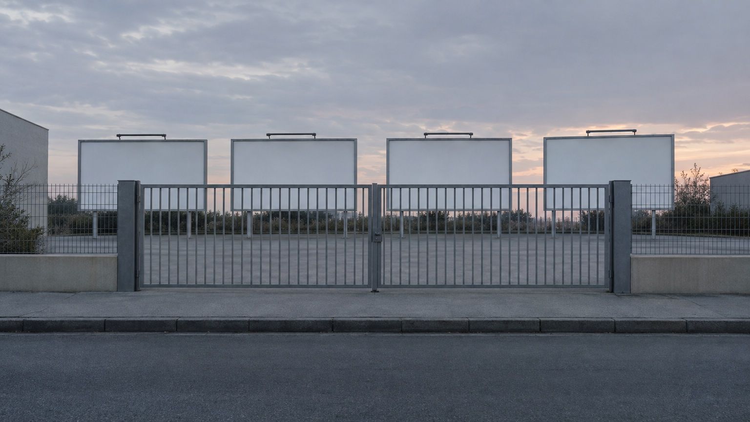 Symbolbild: geschlossenes Tor vor vier leeren Werbetafeln in der Dämmerung