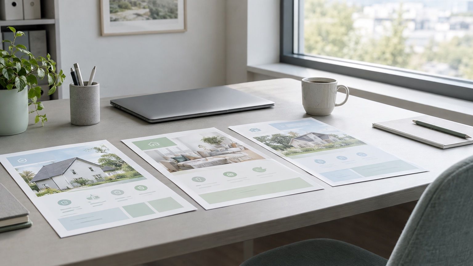 Symbolbild: Schreibtisch am Fenster mit ausgedruckten Layouts für Versicherungsangebote, Laptop und Kaffeetasse