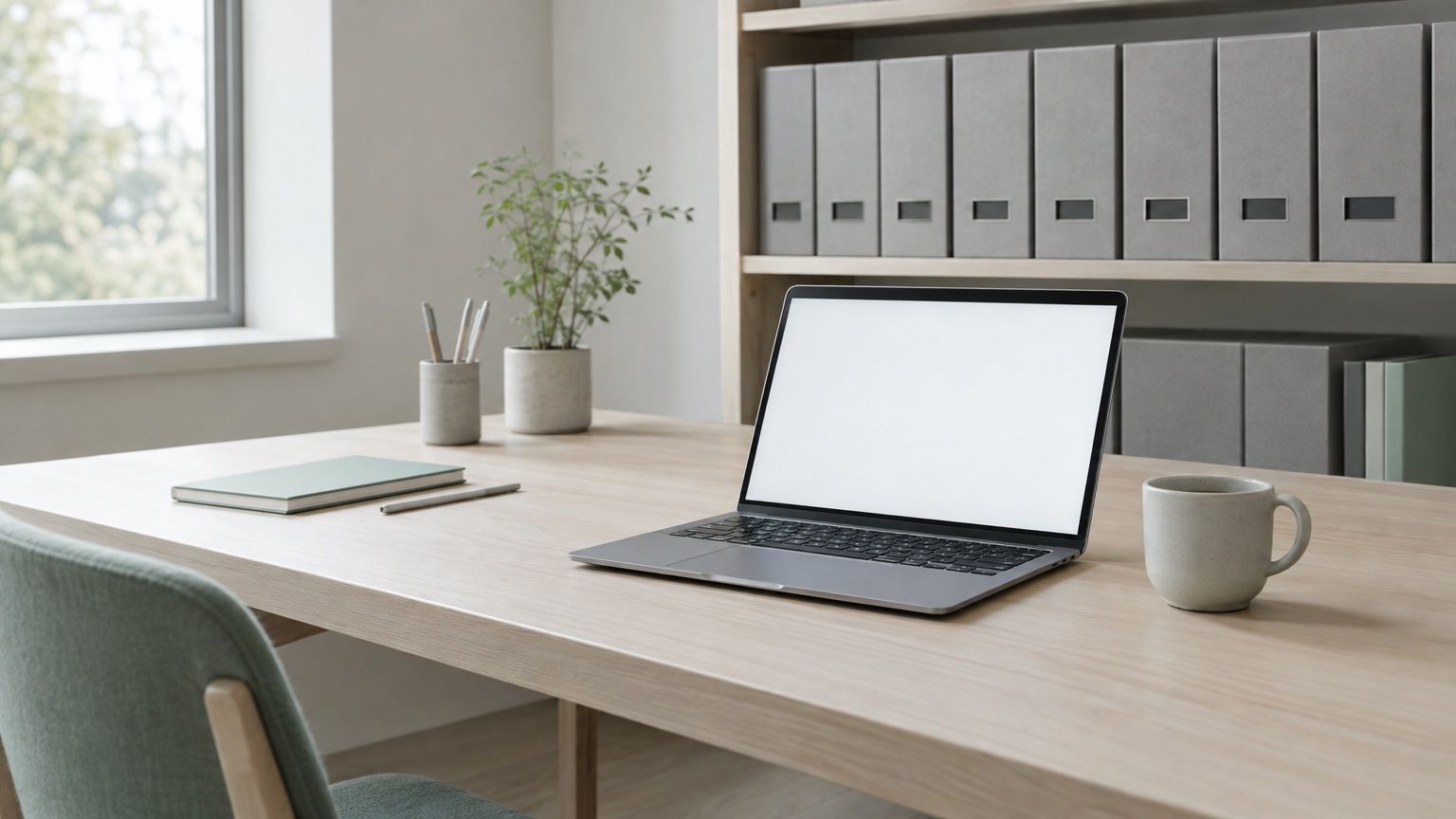 Symbolbild: aufgeräumter Schreibtisch mit aufgeklapptem Laptop vor einem Regal mit grauen Archivboxen