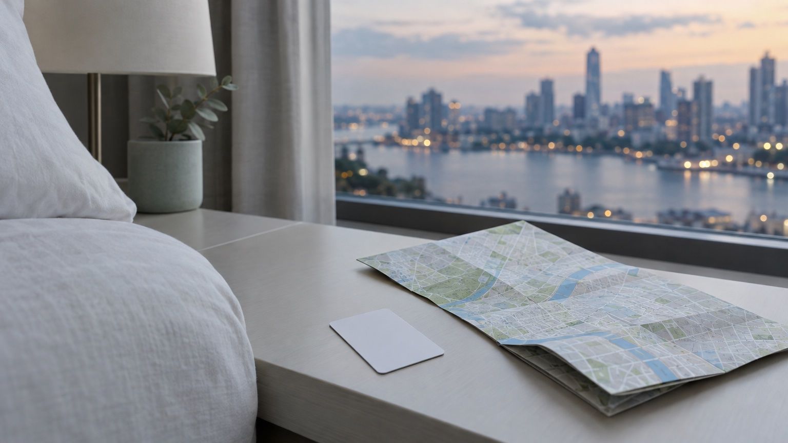 Weiße Schlüsselkarte und aufgefalteter Stadtplan auf einem hellen Nachttisch, im Fenster eine unscharfe Stadtsilhouette am Abend