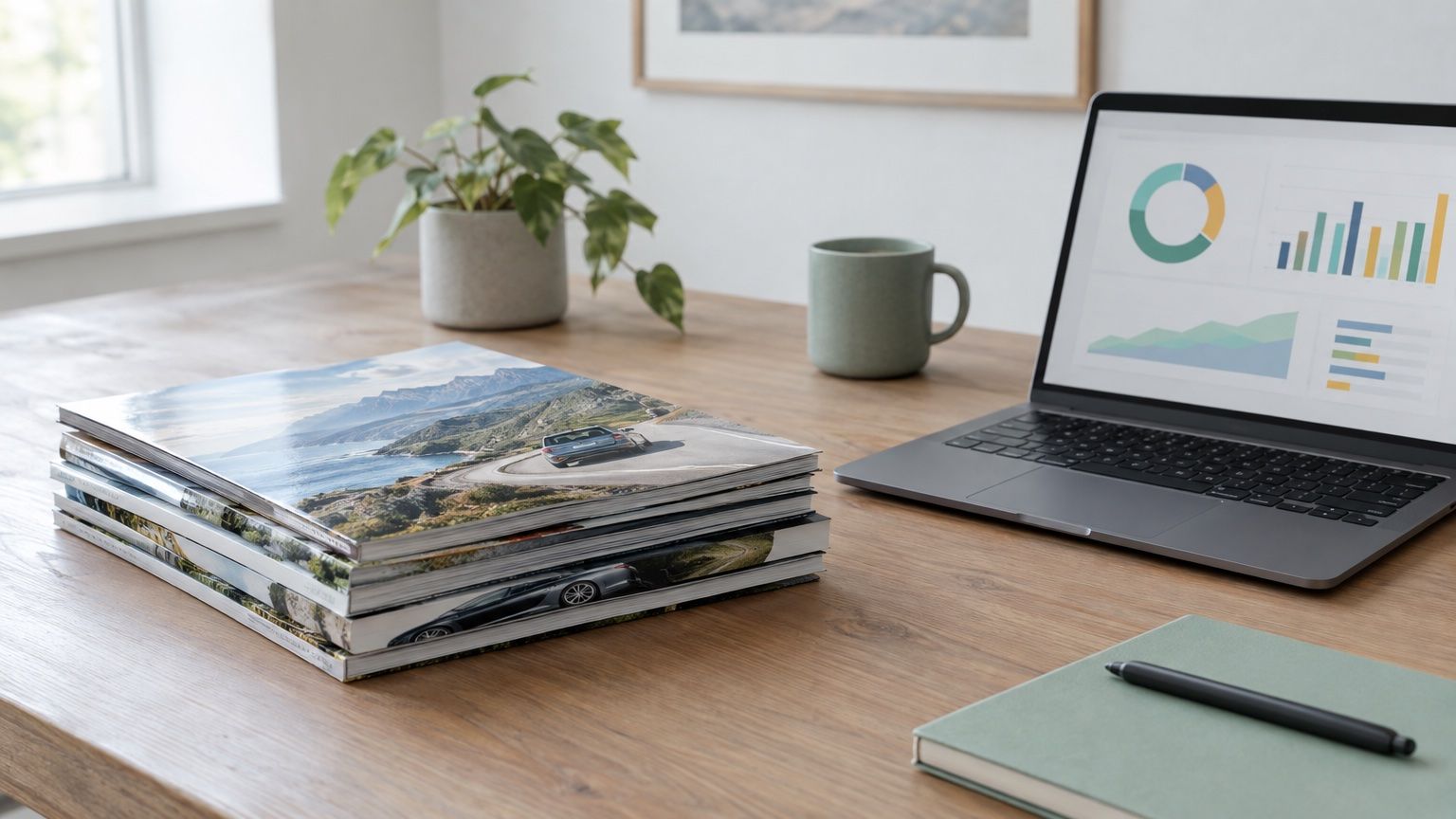 Symbolbild: Stapel Zeitschriften mit Auto- und Landschaftsmotiven neben einem Laptop mit abstrakten Diagrammen auf einem Holztisch