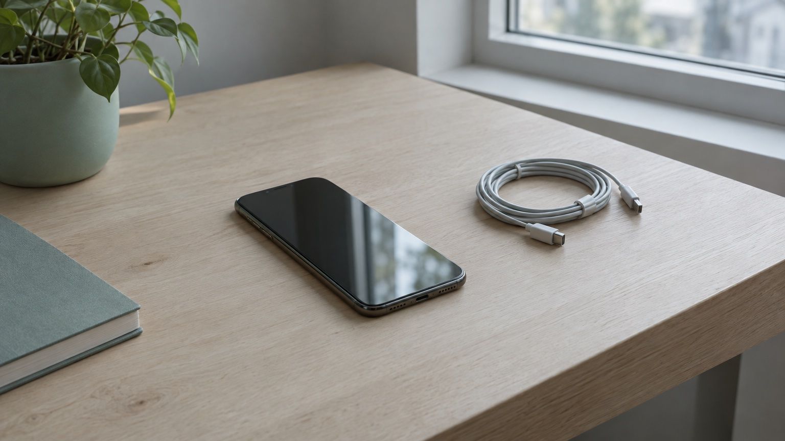 Smartphone mit dunklem Bildschirm auf einem Schreibtisch neben einem Ladekabel (Symbolbild)