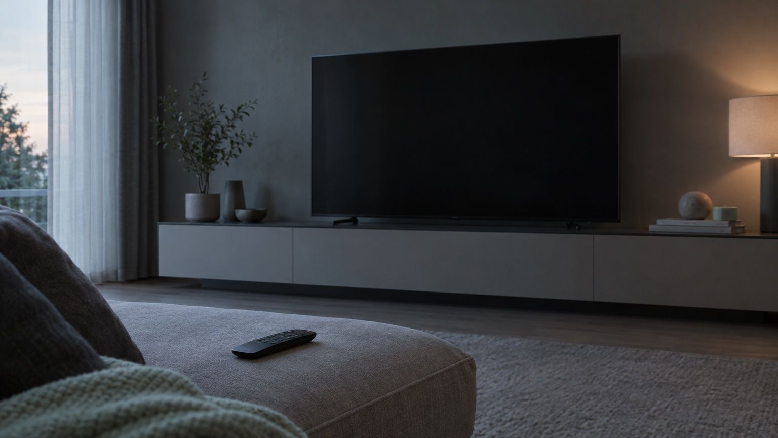 Symbolbild: ausgeschalteter Fernseher in einem abendlichen Wohnzimmer, davor eine Fernbedienung auf dem Sofa