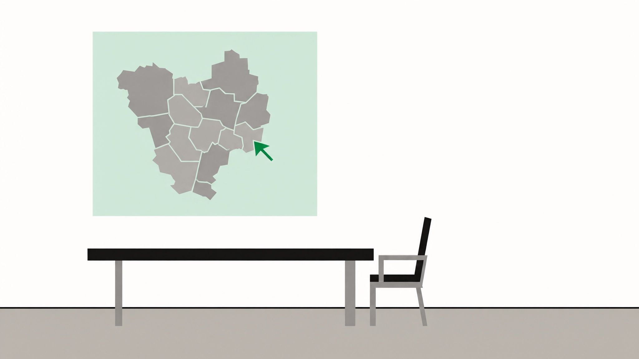 Illustration: leerer Stuhl am Kopf eines langen Tisches, an der Wand eine abstrakte Karte mit Pfeil