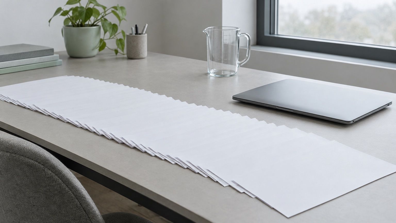 Symbolbild: Schreibtisch mit einer langen Reihe leerer Blätter, zugeklapptem Laptop und leerem Messbecher