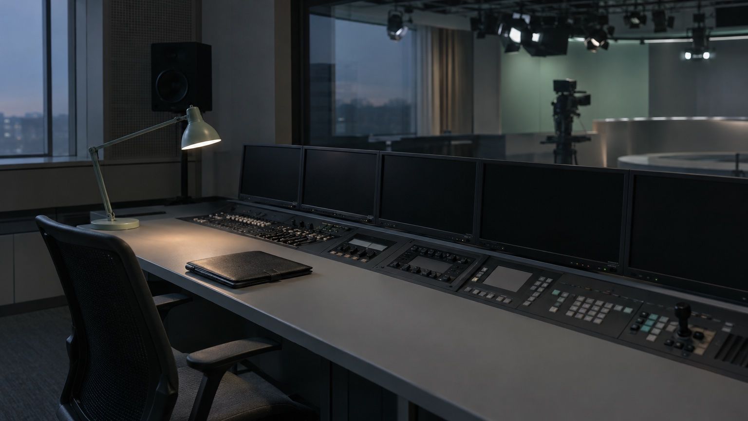 Leere Senderegie am Abend mit ausgeschalteten Monitoren, Schreibtischlampe und geschlossener Mappe