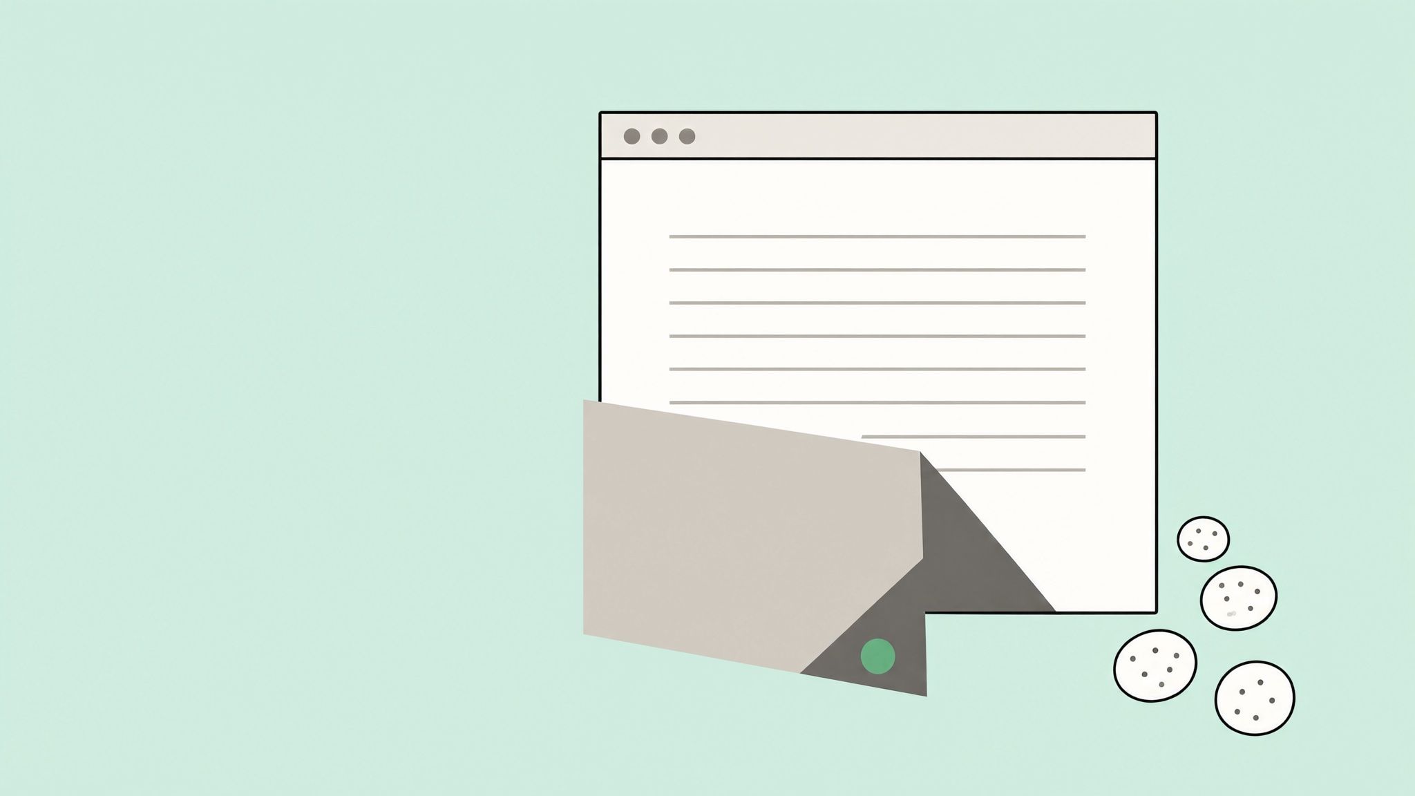 Illustration: Browserfenster, vor dem ein graues Overlay-Feld wegklappt, daneben runde Kekse