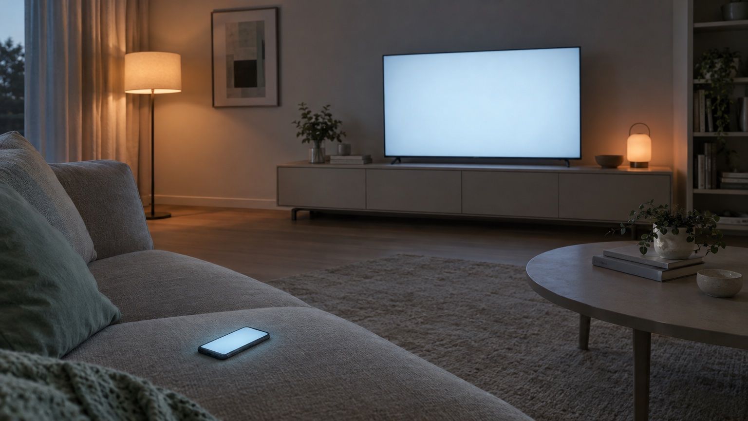 Abendliches Wohnzimmer mit leuchtendem Fernseher und einem Smartphone auf dem Sofa