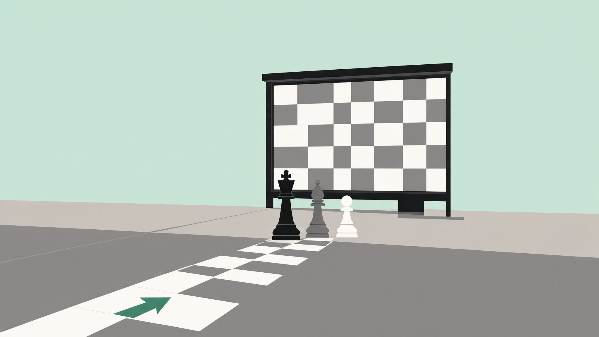 Illustration: Plakatrahmen mit Schachbrettmuster an einer Straße, davor drei Schachfiguren und ein Weg aus hellen Feldern