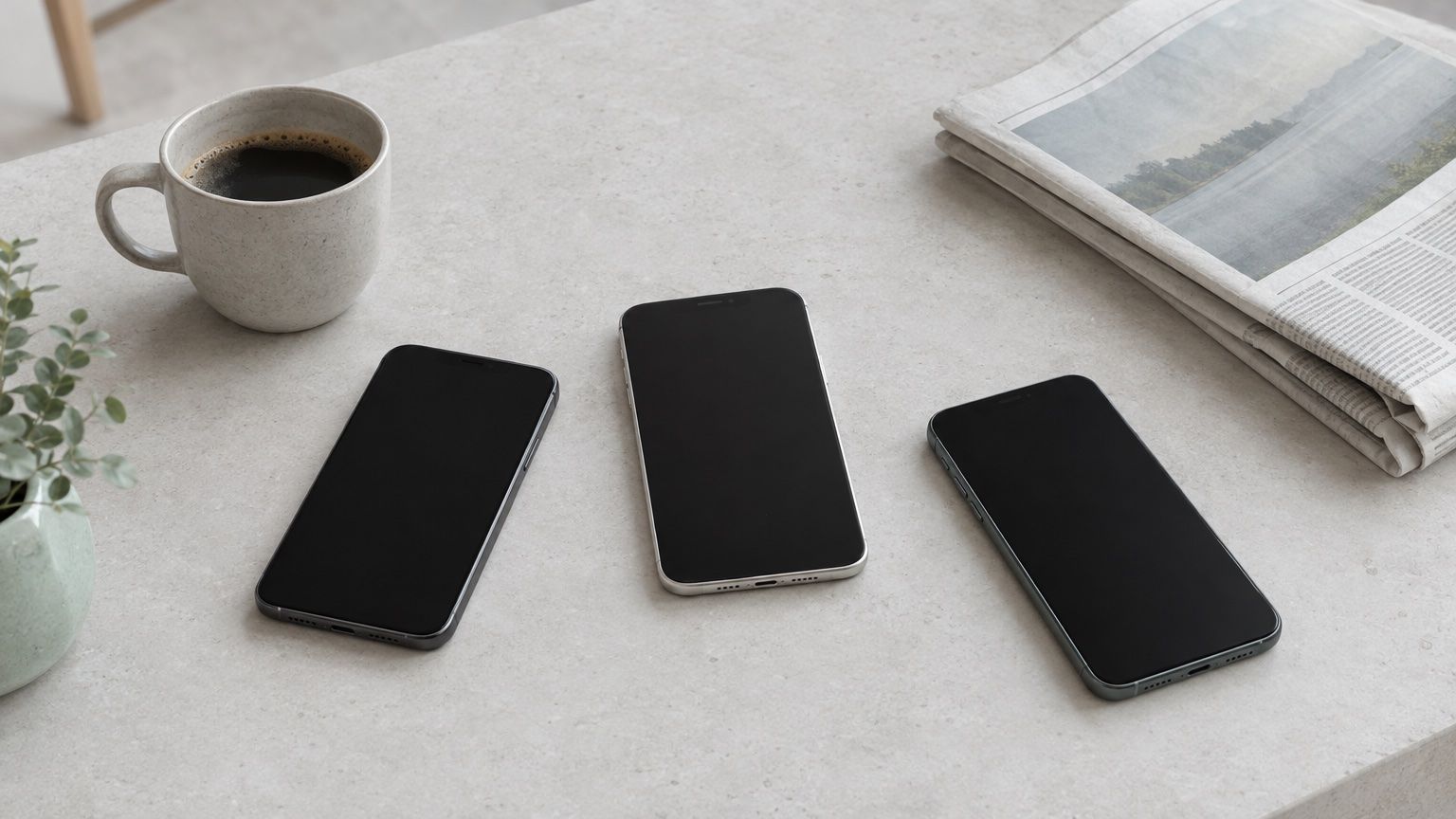 Symbolbild: drei Smartphones mit dunklen Bildschirmen neben einer gefalteten Zeitung und einem Kaffeebecher auf einem hellen Tisch