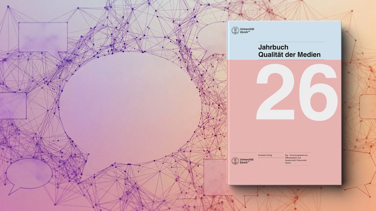Titelseite des Jahrbuchs Qualität der Medien 2026 mit großer Zahl 26 vor einem Netz aus Linien und Sprechblasen