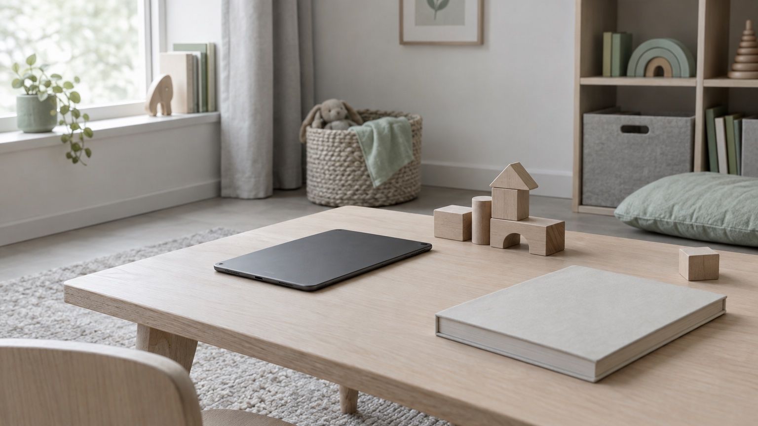 Symbolbild: ausgeschaltetes Tablet auf einem Kindertisch neben Holzbausteinen und einem geschlossenen Buch