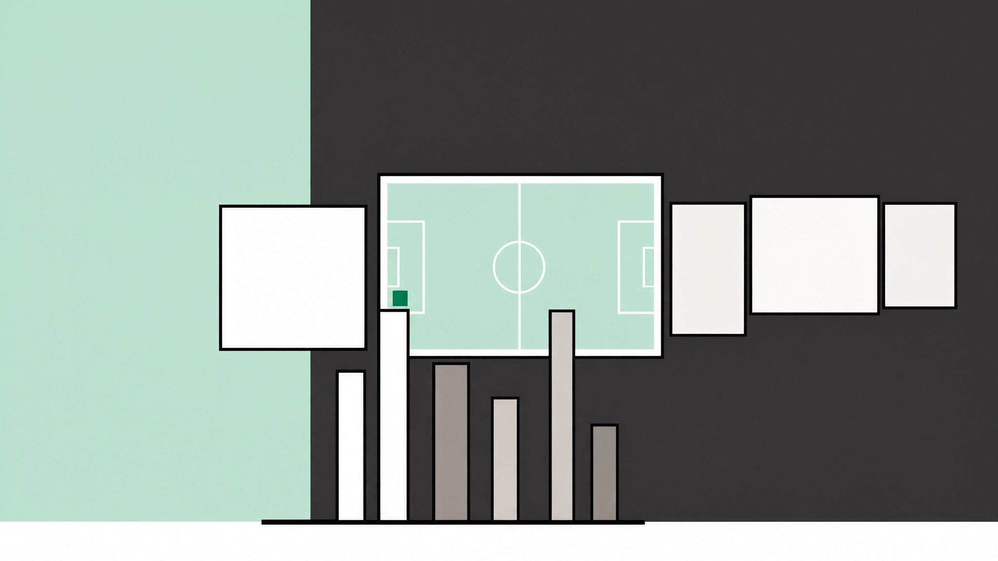 Illustration: Bildschirme unterschiedlicher Größe an einer dunklen Wand, einer zeigt ein Fußballfeld, davor verschieden hohe Balken