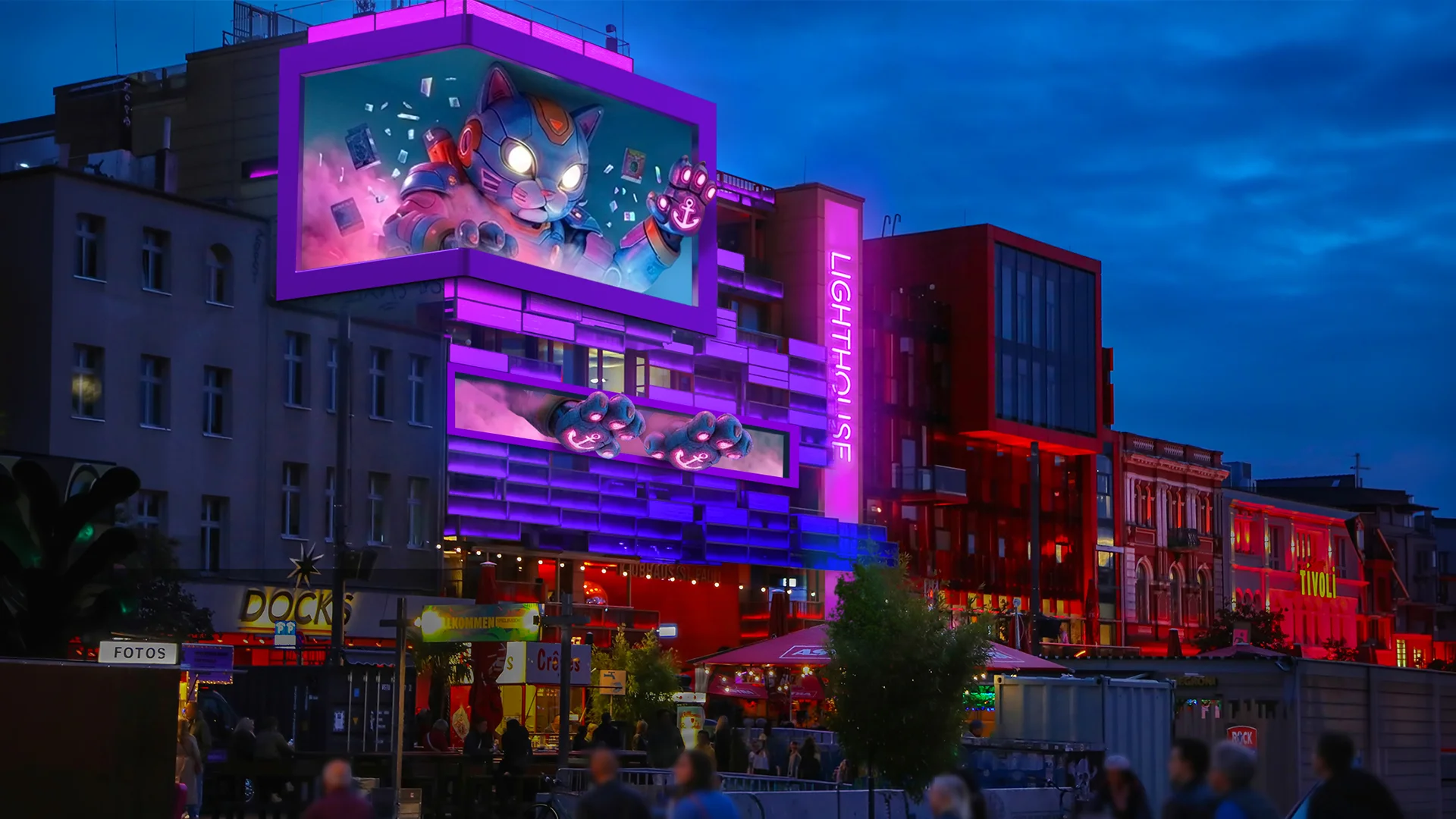 Visualisierung der LED-Fassade „The Lighthouse“ am Hamburger Spielbudenplatz bei Nacht