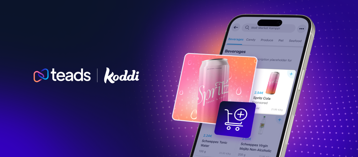 Logos von Teads und Koddi neben einem Smartphone mit der Wolt-Market-App, darin eine als gesponsert markierte Produktanzeige