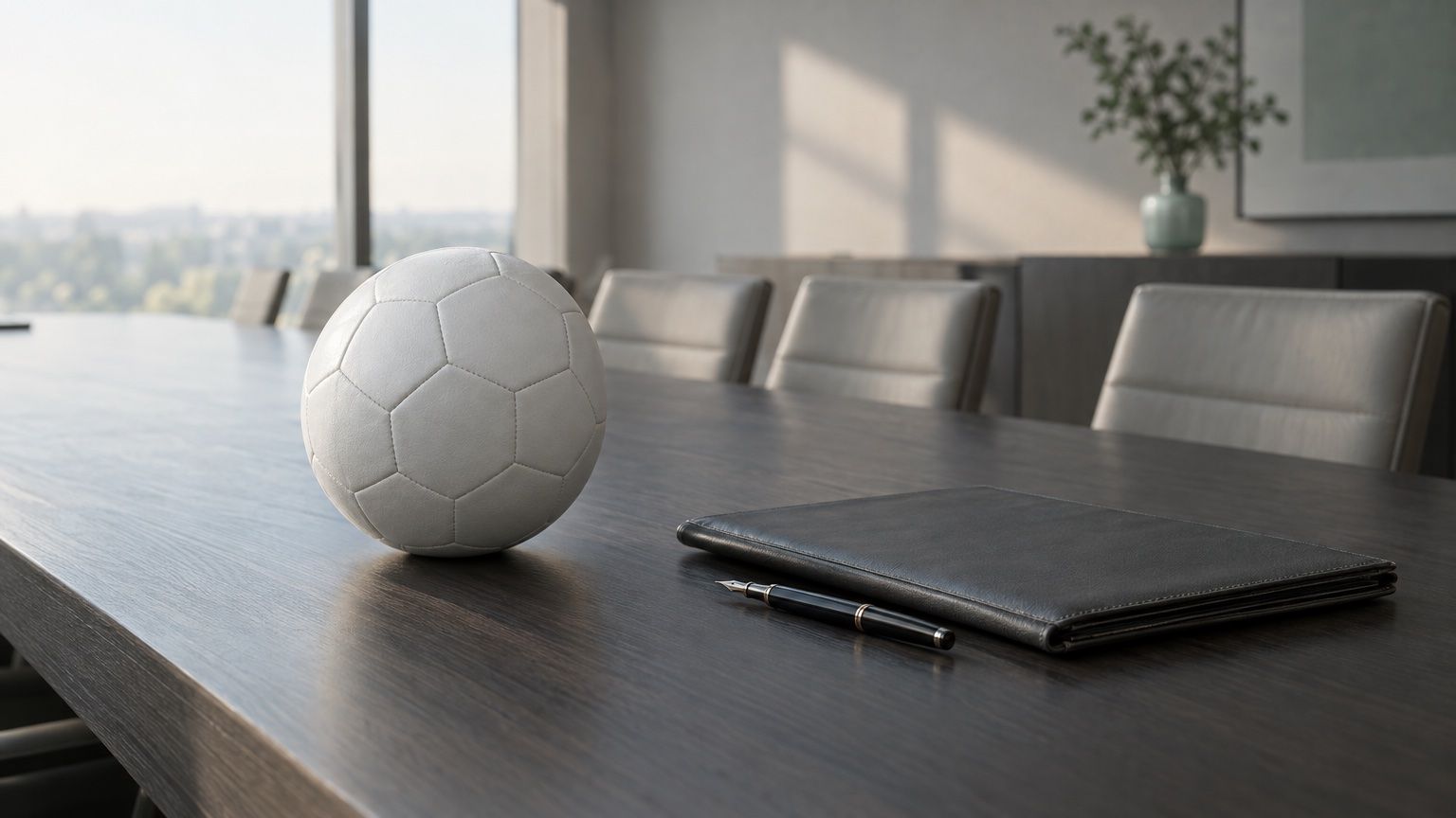 Symbolbild: weißer Fußball ohne Aufdruck neben einer geschlossenen Vertragsmappe und einem Füller auf einem Konferenztisch