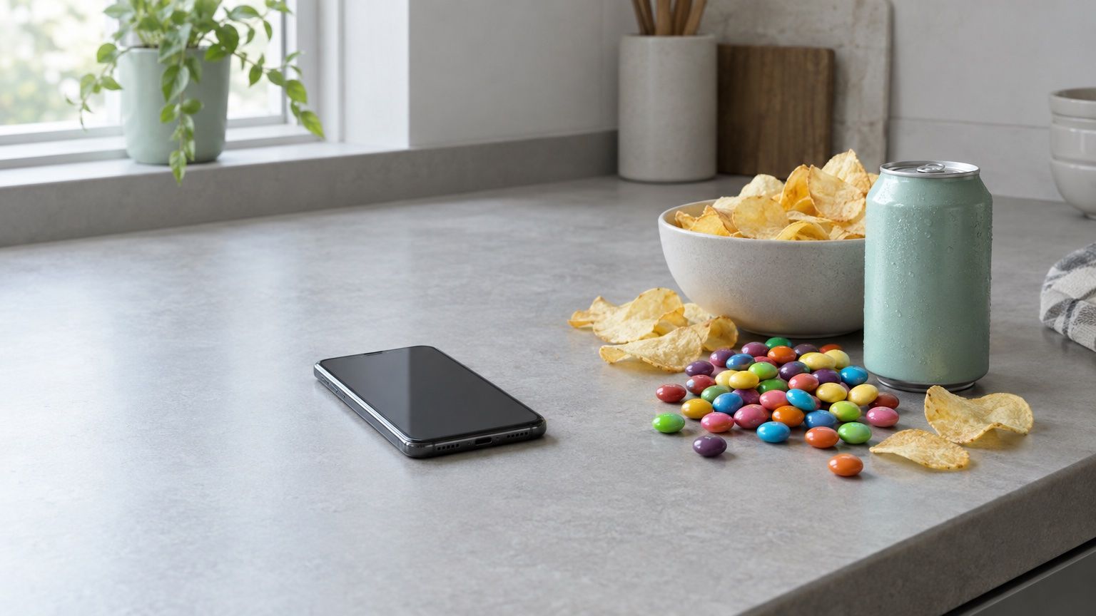 Symbolbild: Smartphone auf einer Küchenarbeitsplatte neben Schokolinsen, Chips und einer Getränkedose