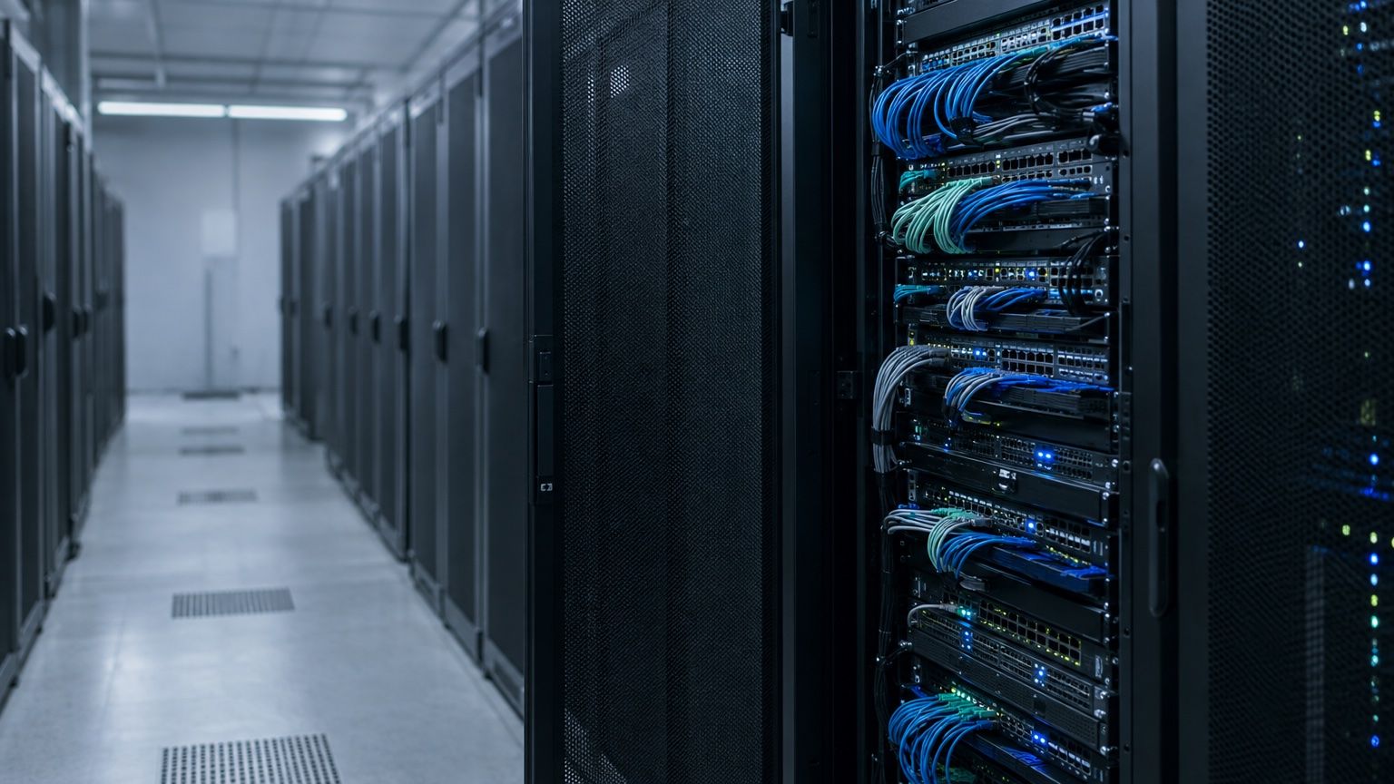 Symbolbild: Serverschränke mit Netzwerk-Switches und Patchkabeln in einem Rechenzentrum