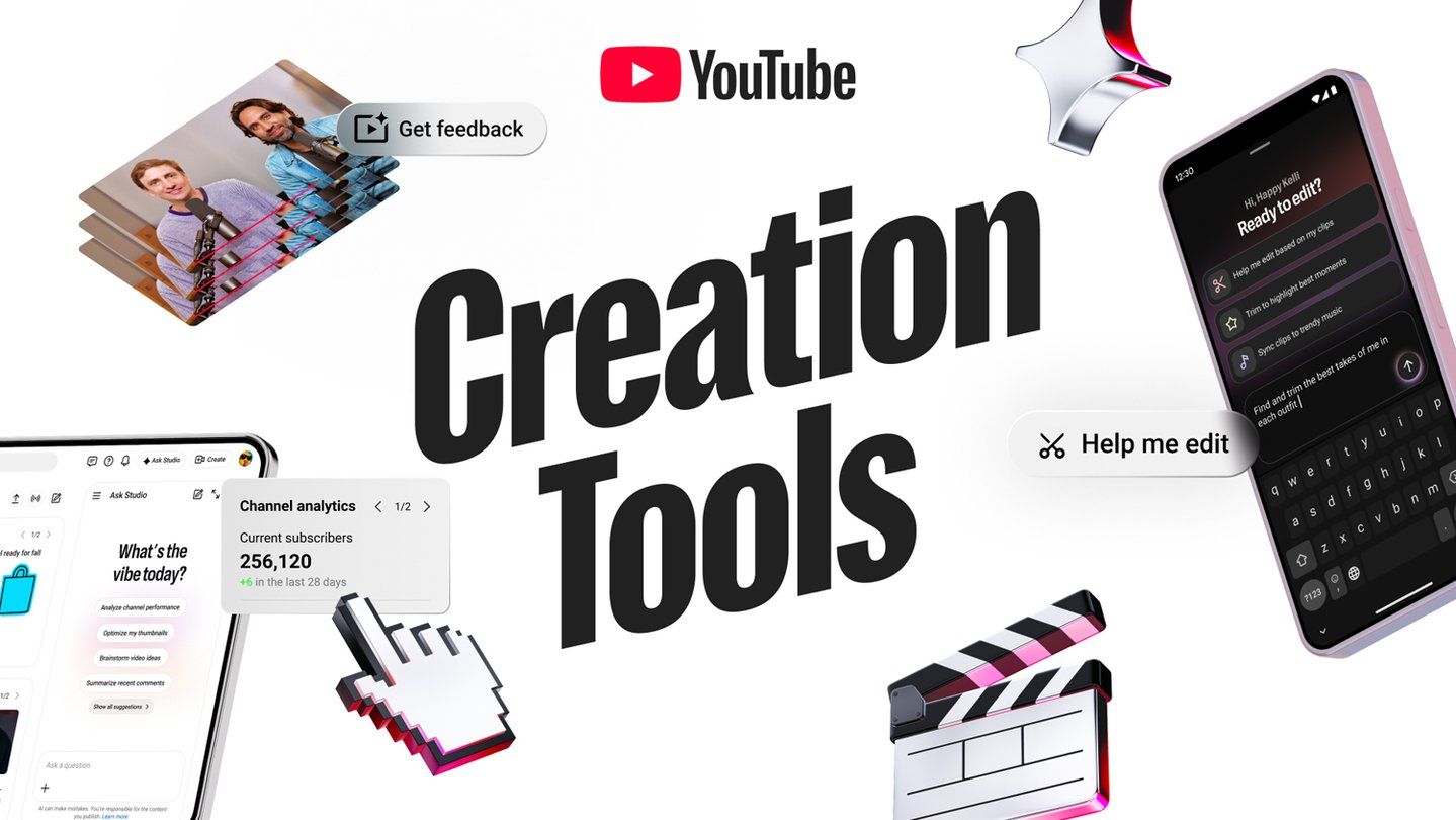 Schriftzug „Creation Tools“ mit YouTube-Logo, umgeben von Ausschnitten aus YouTube Studio und der Bearbeitungsfunktion
