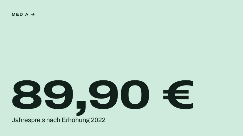 Textgrafik: 89,90 €, Jahrespreis nach Erhöhung 2022 – Media & Werbemarkt